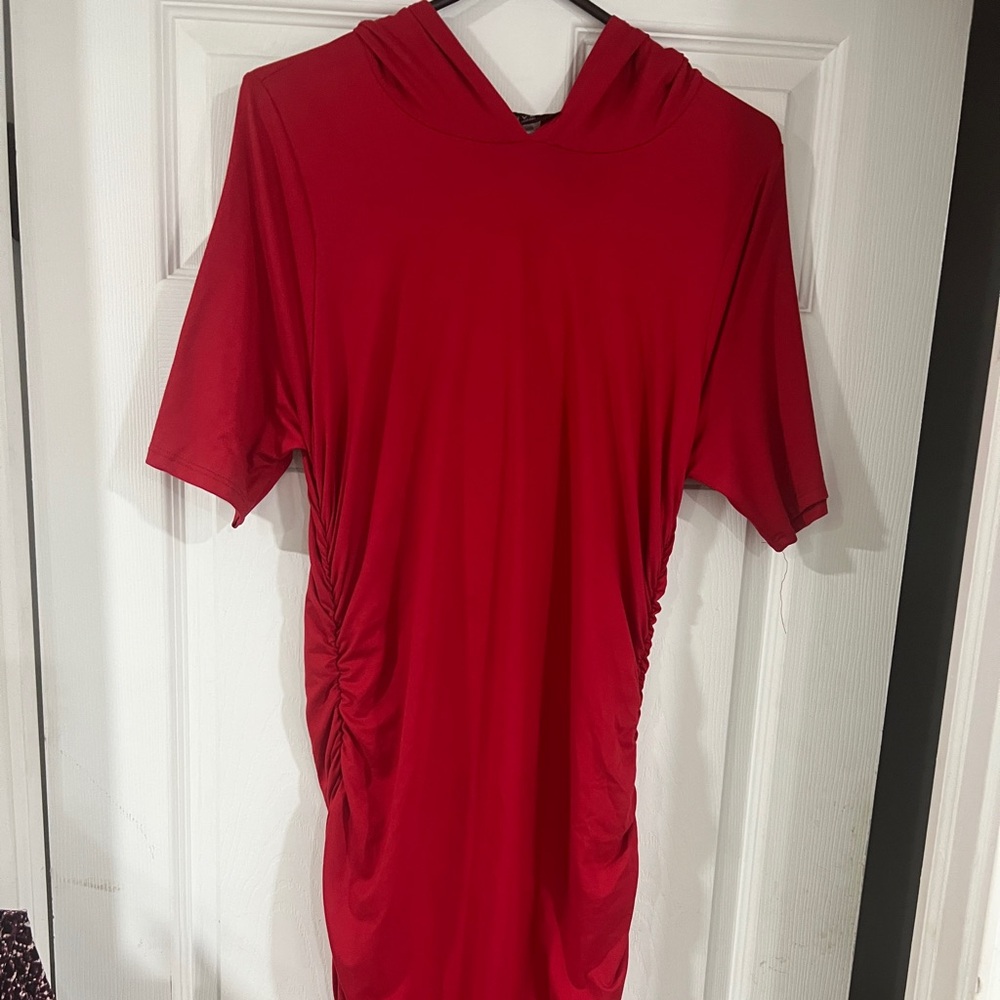 Red Women's Hoodie Dress - Picture 2 of 4